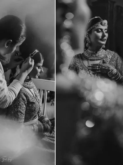 A black and white collage showing the bride getting her makeup done and a final portrait, capturing the transformation.