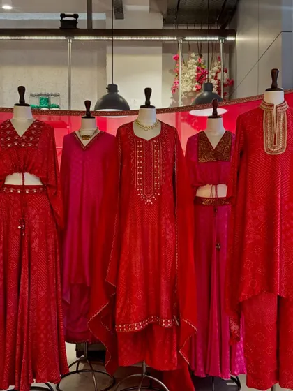 The full range of Punit Balana's festive red collection. I can help you choose from these various silhouettes to find the one that best suits your style and the occasion.