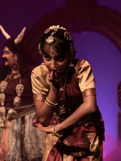 A playful moment backstage during 'Shakti Stuti'. The excitement and nerves before going on stage are all part of the experience.