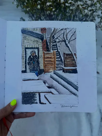 My first time painting snow! This watercolour sketch captures a quiet, snow-covered backyard in Somerville, Boston. I loved the challenge of painting the soft textures and cool light.