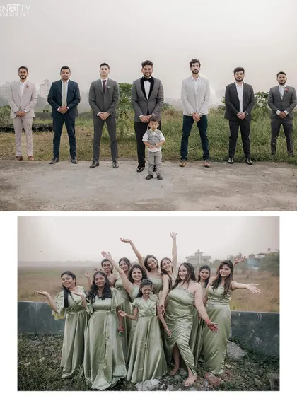 The groomsmen and bridesmaids posing for their group photos. We make sure the whole wedding party looks sharp and has fun.