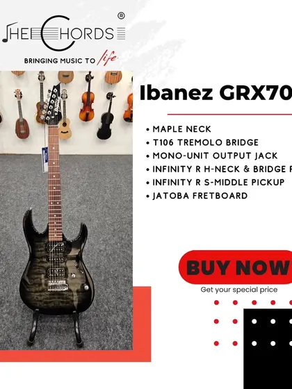 The Ibanez GRX70QA, a versatile and affordable guitar from the GIO series. This graphic details its features, including a quilted maple art grain top, H-S-H pickup configuration, and T106 tremolo bridge.
