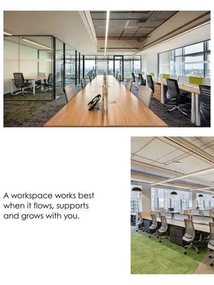 A workspace works best when it flows, supports, and grows with you. This collage highlights our focus on creating flexible layouts with a mix of collaborative and individual zones, ensuring the office can adapt to changing team needs.