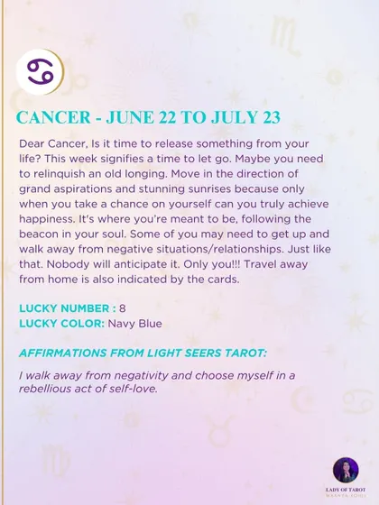 This week's tarot forecast for Cancer. The reading signifies a time to let go of something from your life, like an old longing, and move towards stunning sunrises.