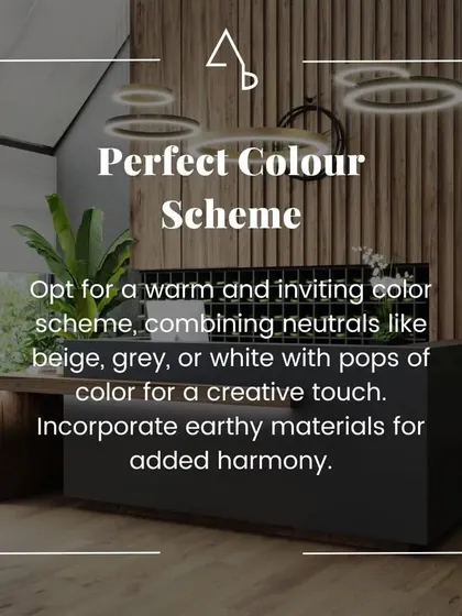 The perfect color scheme is essential for a welcoming reception. We often opt for warm neutrals like beige and grey, combined with pops of color and earthy materials to create a harmonious and creative atmosphere.