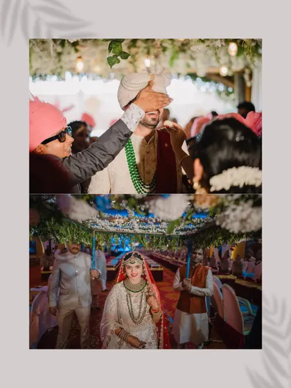 A collage showing the bride's grand entrance under the phoolon ki chadar and the groom's playful nose-pinching ritual. These are the moments that make North Indian weddings so special.