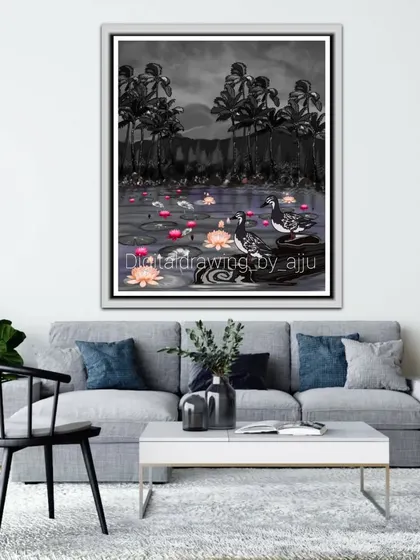 A dramatic black and white version of the duck pond, with only the lotus flowers in color.