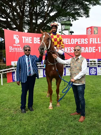 Divine Star, winner of The Marilingaiah Memorial Trophy, with jockey P. Trevor.