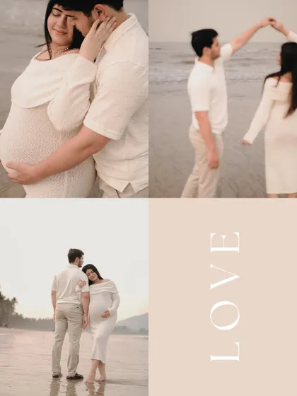 A beautifully designed collage from a beach shoot, capturing moments of love, dance, and quiet connection.