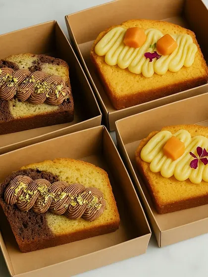 I also offer my cakes by the slice. Pictured here are my Coconut Mango and Choco Pistachio cake slices, both beautifully decorated and individually boxed.