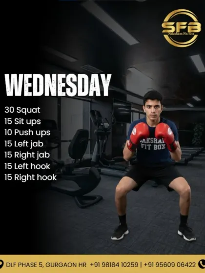 Your Wednesday routine is here. This session includes squats, sit ups, push ups, and a series of jabs and hooks to build upper body strength and core stability midway through the week.