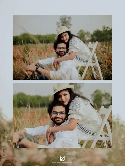 Using simple props like a chair can add an interesting dynamic to pre-wedding photos. Here, Ankita and Rajat share a warm embrace in a beautiful, rustic field.
