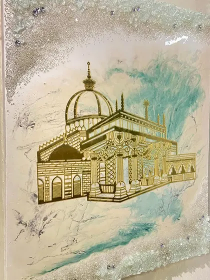 A side angle of the Ajmer Sharif Dargah piece, showing the texture of the crystal border and the depth of the resin pour.