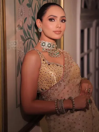 A full view of the saree, showcasing its delicate sequin work and the beautifully contrasting blouse.