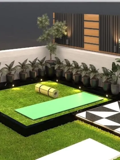 A 3D design for a dedicated yoga or workout spot on a terrace. The area is defined by a raised platform with artificial grass, surrounded by planters for a calming atmosphere.