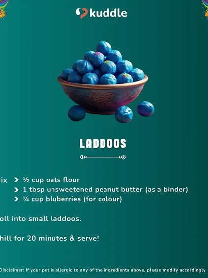 These colorful Laddoos are made with just three ingredients: oats flour, unsweetened peanut butter, and blueberries for a natural blue color. Simply roll, chill, and serve.