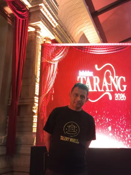 A quick photo before hosting 'Tarang 2026'. My Talentworld shirt shows I'm not just an artist but also an entrepreneur, ready to manage your event.