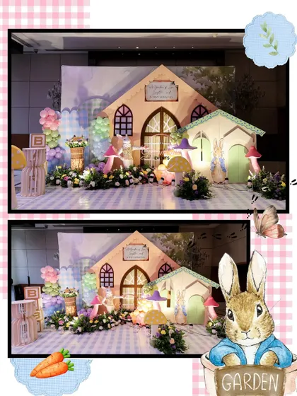 Detail is key in my storybook themes, as shown in this Peter Rabbit setup. I recreated Mr. McGregor's garden with charming house-shaped backdrops, mushroom props, and pastel balloon garlands, bringing the classic tale to life.