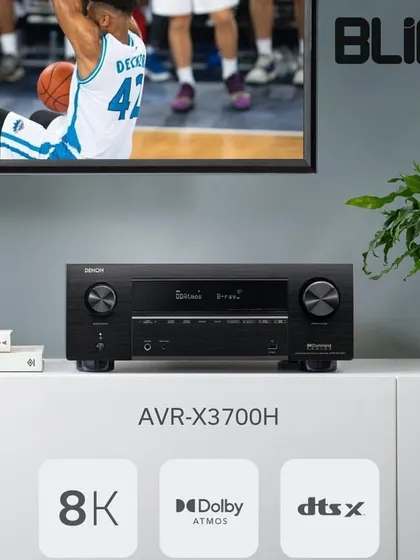 The Denon AVR-X3700H is a powerful 9 channel, 8K capable receiver. It supports immersive audio formats like Dolby Atmos and DTS:X, and allows for easy music streaming via Wi-Fi, Bluetooth, and Apple AirPlay 2.