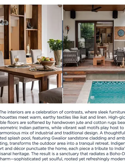 This image from the feature showcases the contrast of sleek furniture with handwoven textiles and a thoughtfully crafted splash pool, resulting in a sophisticated yet soulful "Boho-Desi" charm.