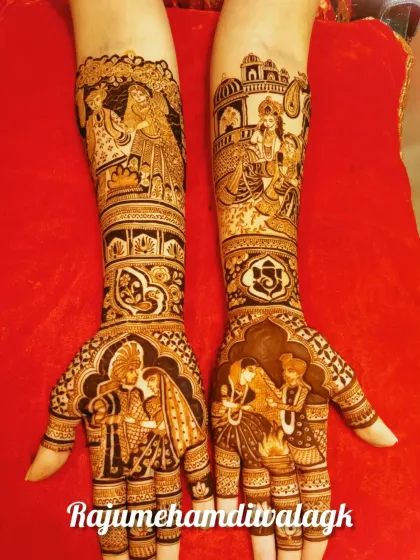 This bridal mehendi is a story of a wedding. It shows the couple during the pheras, portraits of Radha-Krishna, and a Ganesha for blessings.