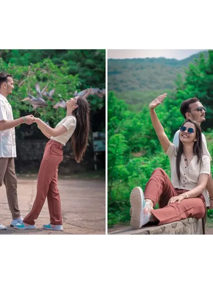 A fun and energetic diptych of a couple enjoying their pre-wedding shoot outdoors, dancing and laughing together.