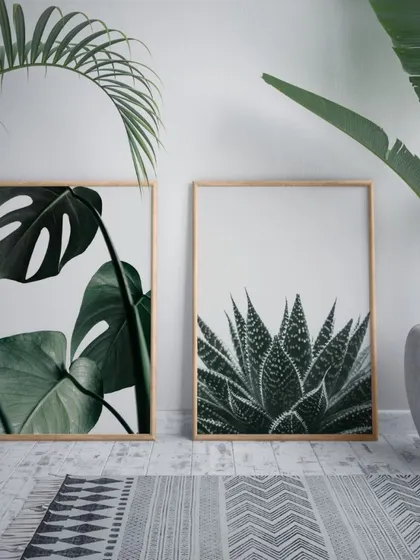 This image shows the versatility of our prints, with the two-piece botanical set displayed casually on the floor. The natural wood frames complement the surrounding plants and modern rug.
