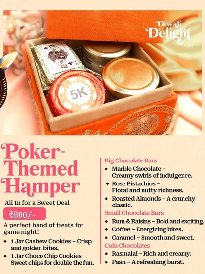 Our "Poker-Themed Hamper" for Diwali, the perfect set of treats for a game night, with themed chocolates and cookies.
