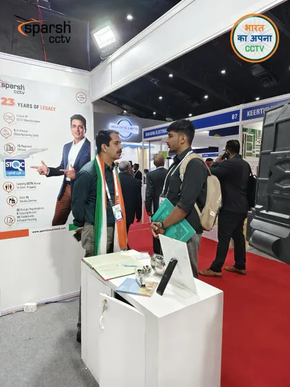 A one-on-one discussion at my booth during SES 2025. I value every opportunity to explain the strategic advantages of my Made in India security solutions.
