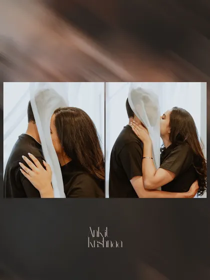An artistic and mysterious diptych of the couple kissing behind a sheer curtain, creating a sense of intimacy and romance.