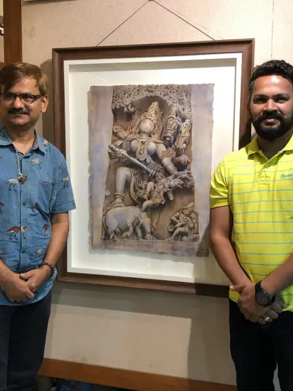 Standing with my "Mahishasur Mardini" painting. It's always a proud moment to see a piece that took so much effort finally framed and ready.
