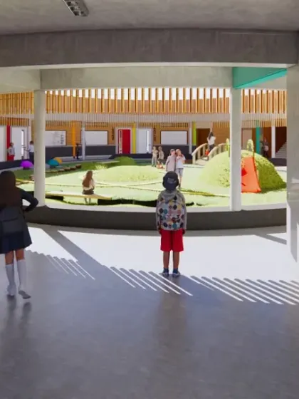 A closer look at the kindergarten courtyard at Urban Gurukul. I designed this as a safe and engaging central hub, with curved corridors and colorful details that encourage play and social interaction among the youngest students.