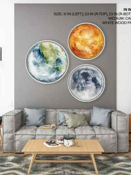 Take a tour of our solar system with this stunning set of three circular watercolor prints of celestial bodies. The artistic renderings of Earth, the moon, and a fiery planet are both beautiful and educational.
