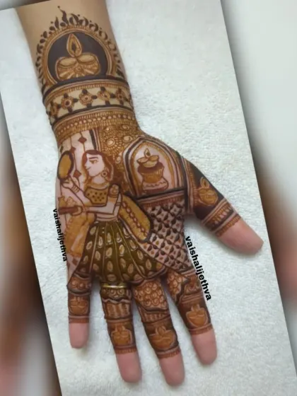 A unique Karwa Chauth design focusing on the woman getting ready. It shows a lady with a mirror and diya, surrounded by festive patterns.