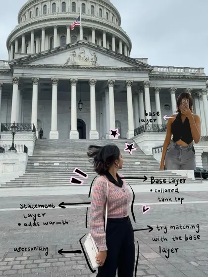 Layering 101 in front of the Capitol Building. I used text and arrows to break down the outfit in a fun, educational way.