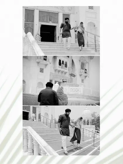 A black and white collage showing a couple's visit to a Gurudwara for their pre-wedding shoot. It captures their descent down the steps, creating a sense of journey and shared faith.