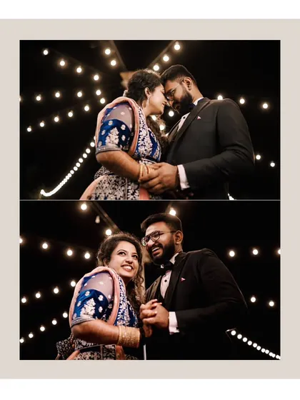 A diptych of intimate and happy moments between the couple at their reception, surrounded by the warm glow of lights.