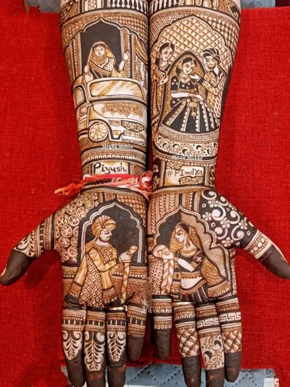 A unique design showing the vidaai ceremony, with the bride waving from a car. It's a modern twist on a traditional story.