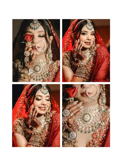 A collage of a beautiful bride, showcasing her intricate jewelry and makeup. The use of a red rose as a prop adds a touch of classic romance to her portraits.