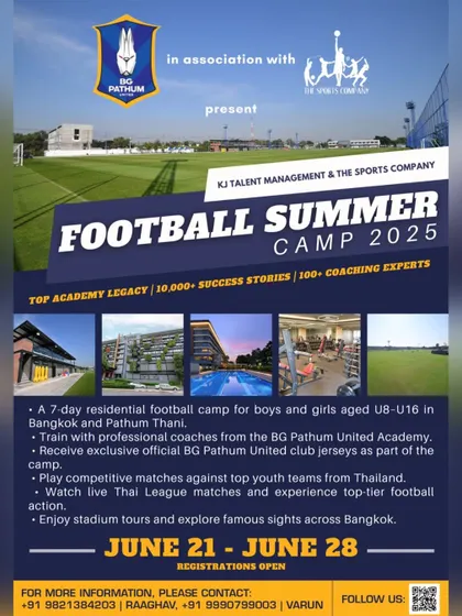 Here are all the details for our 2025 Football Summer Camp in Thailand. This 7-day residential program is a unique opportunity for young players (U8-U16) to train with professional coaches from the BG Pathum United Academy, play competitive matches, and experience top-tier Thai football culture.