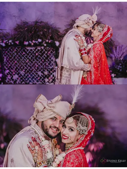 A collage showing two romantic poses of the couple, capturing both a kiss and a happy, smiling portrait.