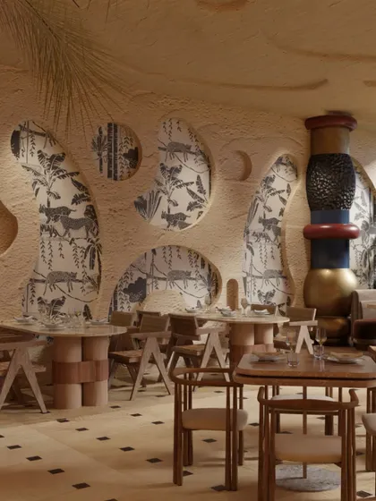 Another view of the intimate dining area, where sculptural table bases and a monumental, totem-like column create a powerful visual statement. The design merges luxury with the untamed spirit of the jungle.