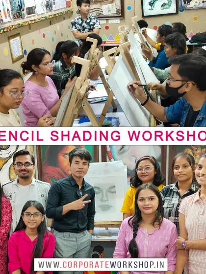 Participants of our Pencil Shading workshop, showcasing the focused environment where students learn fundamental drawing techniques like light, shadow, and form.