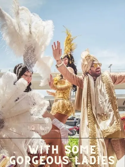 A high-energy groom entry for a destination wedding, with the groom accompanied by carnival-style dancers.