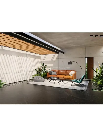 An interior render for the 'Hover Over' project. This visualization explores a semi-outdoor lounge space with a slatted pergola ceiling, raw concrete walls, and a seamless connection to the landscape.