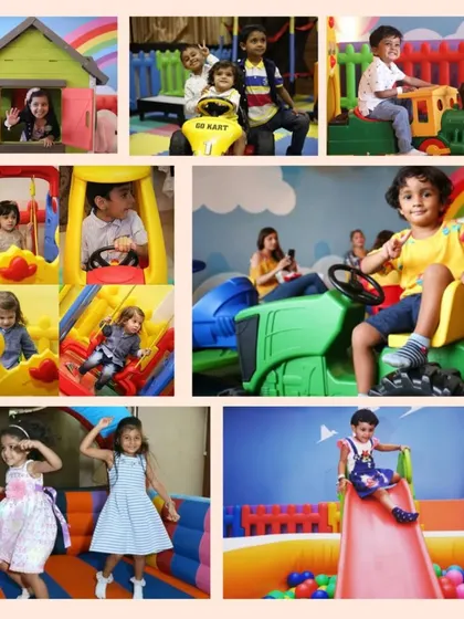 A Children's Day special collage filled with smiling faces. It’s a joy to see kids having the time of their lives, whether they're sliding into a ball pit, driving a go-kart, or jumping on a bouncy castle.