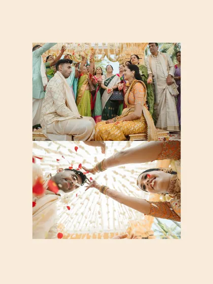 A creative shot of the 'talambralu' ritual in a South Indian wedding, where the couple showers each other with rice and flowers.
