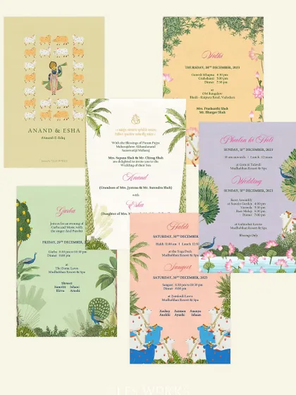 I love incorporating traditional art into my designs. This suite was inspired by Pichhwai paintings, featuring custom illustrations of Lord Krishna, Kamadhenu, and vibrant peacocks, each card telling a part of a larger story.