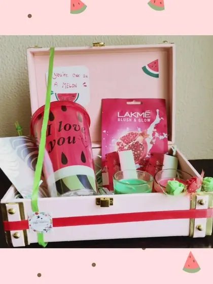 A fun, watermelon-themed hamper with the message 'You're One in a Melon' for actress Surbhi Chandna. It included a themed tumbler, face mask, and other cute goodies.