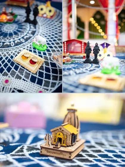 A collage of the unique and traditional decorative items used in a wedding ceremony, showcasing the couple's personal touches.